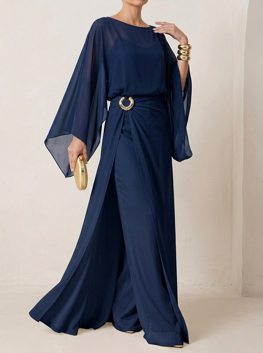 Elegance Commuting Solid Color Long Jumpsuit + Loose Irregular Chiffon Robe Two-piece Set