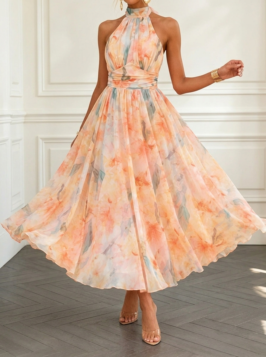 Elegant Colorful Printed Halter Neck Maxi Dress