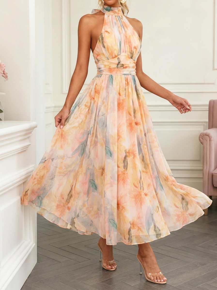 Elegant Colorful Printed Halter Neck Maxi Dress