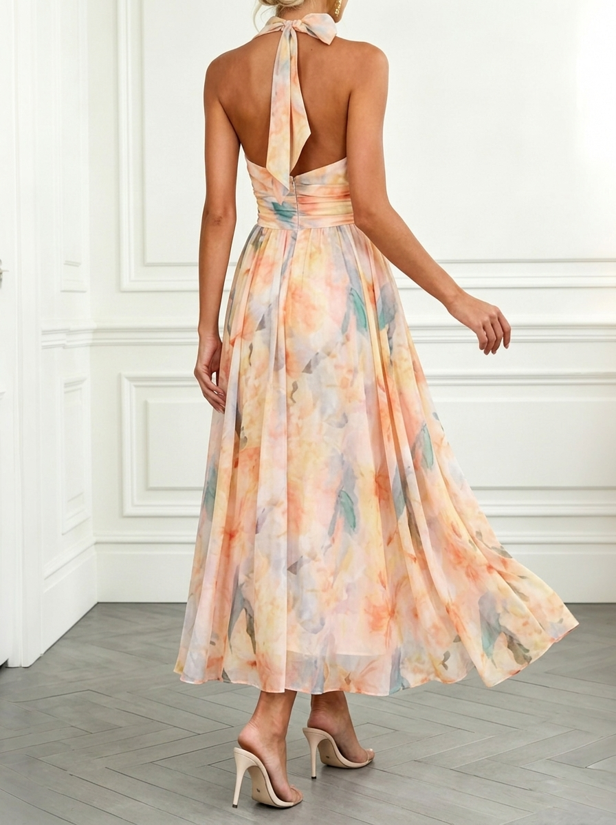 Elegant Colorful Printed Halter Neck Maxi Dress