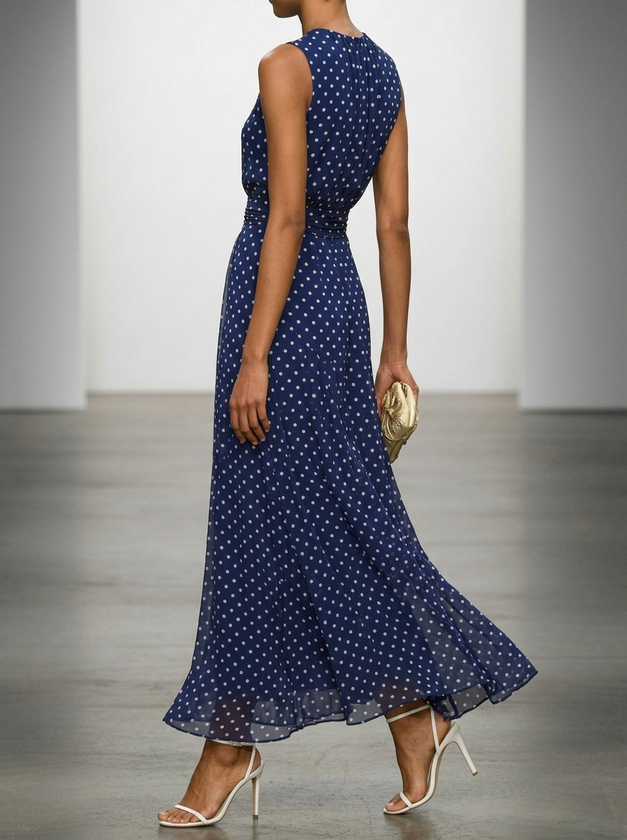 Women's French Style Waist-skimming Polka Dots Sleeveless Dress