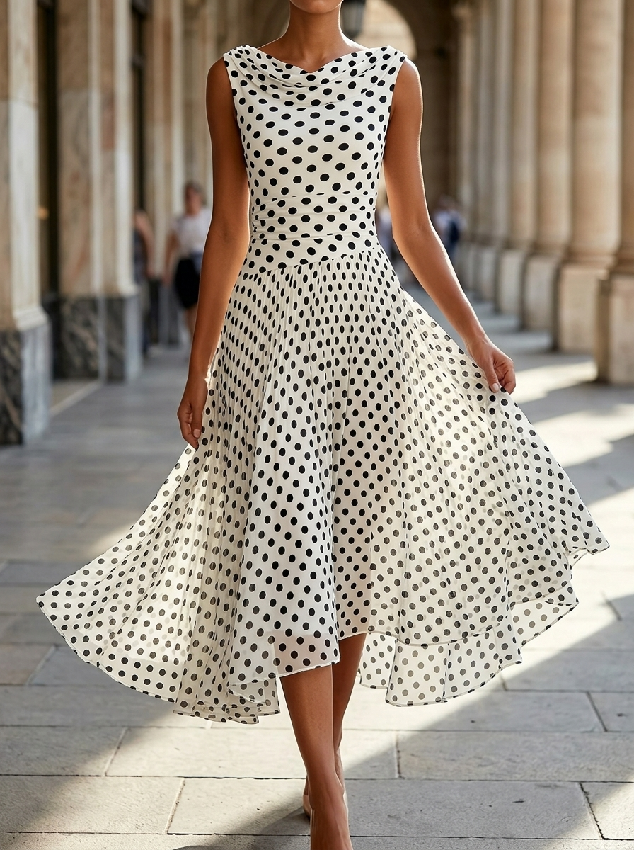 Elegant Polka Dot Sleeveless Flowy Midi Dress