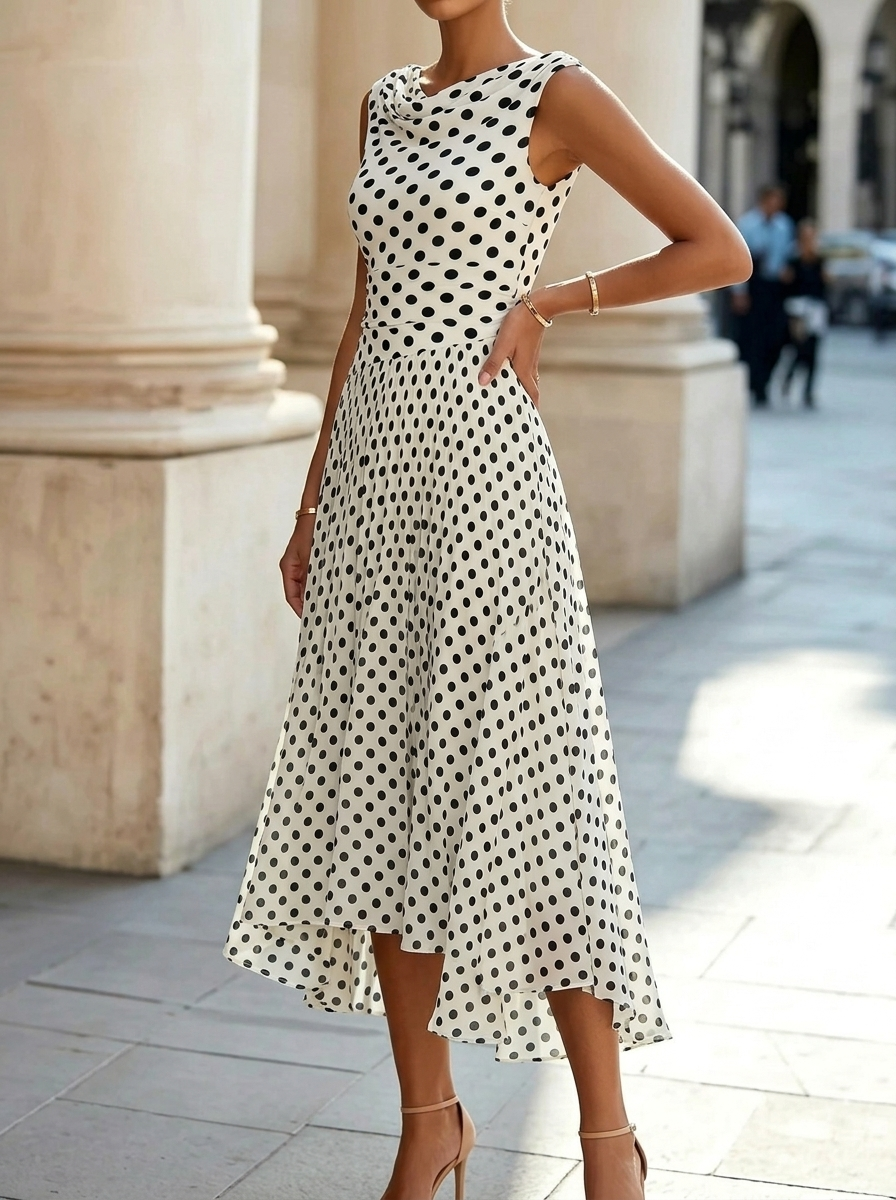 Elegant Polka Dot Sleeveless Flowy Midi Dress
