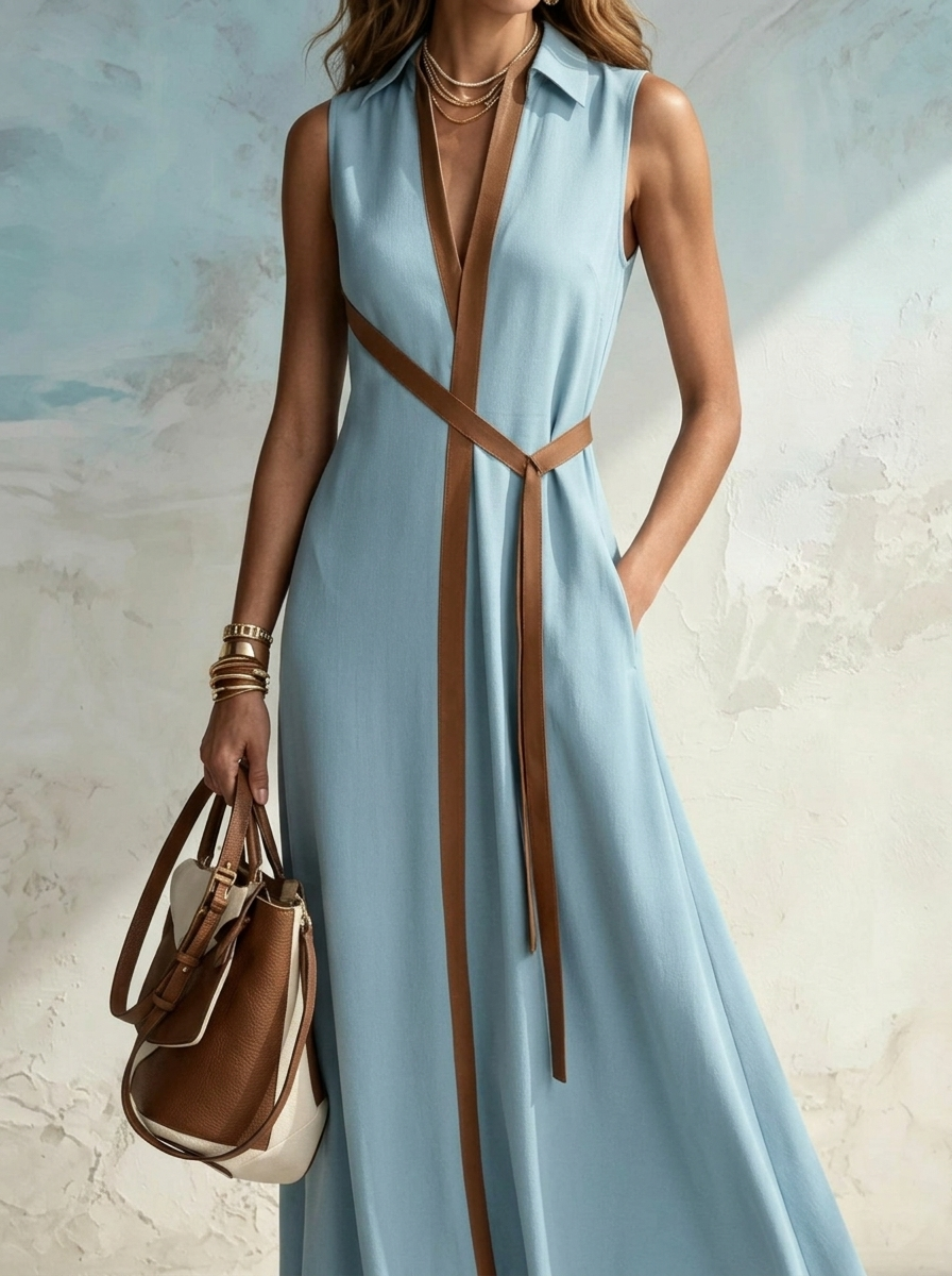 Vacation Color-blocked Trim Sleeveless V-neck Crossover Waist Cinched Slit Loose Cotton And Linen Long Shirt Dress Maxi Dress