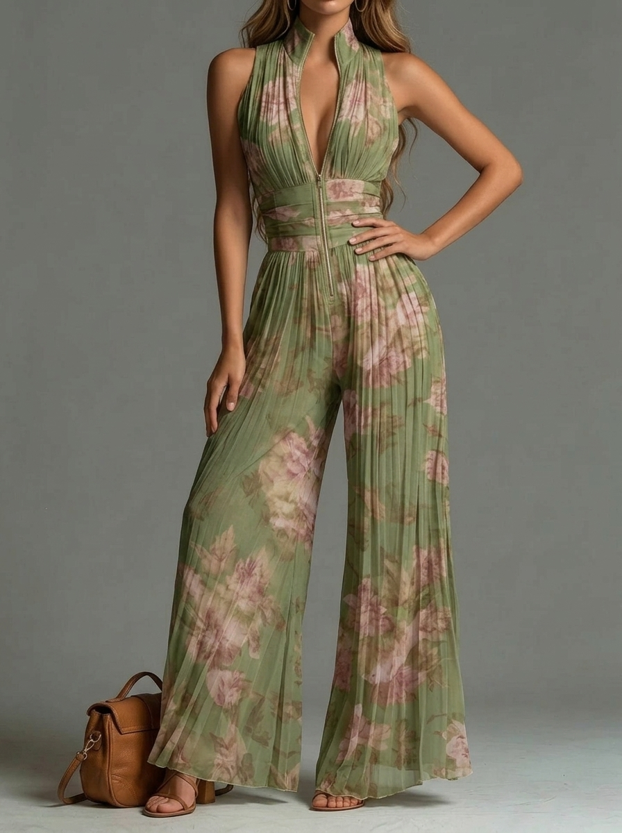 Elegant Solid Printed Mesh Front Zipper Jumpsuit
