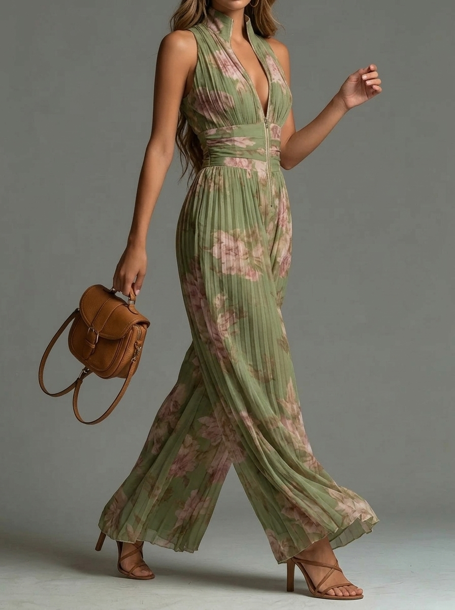 Elegant Solid Printed Mesh Front Zipper Jumpsuit