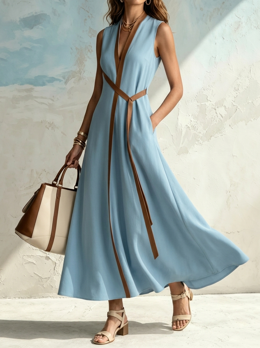 Vacation Color-blocked Trim Sleeveless V-neck Crossover Waist Cinched Slit Loose Cotton And Linen Long Shirt Dress Maxi Dress