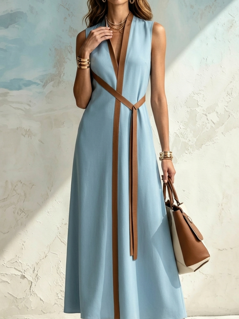 Vacation Color-blocked Trim Sleeveless V-neck Crossover Waist Cinched Slit Loose Cotton And Linen Long Shirt Dress Maxi Dress