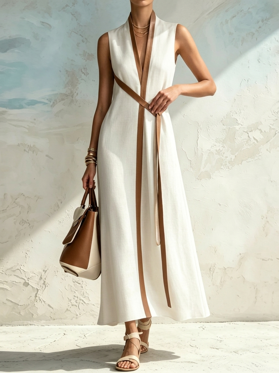 Vacation Color-blocked Trim Sleeveless V-neck Crossover Waist Cinched Slit Loose Cotton And Linen Long Shirt Dress Maxi Dress