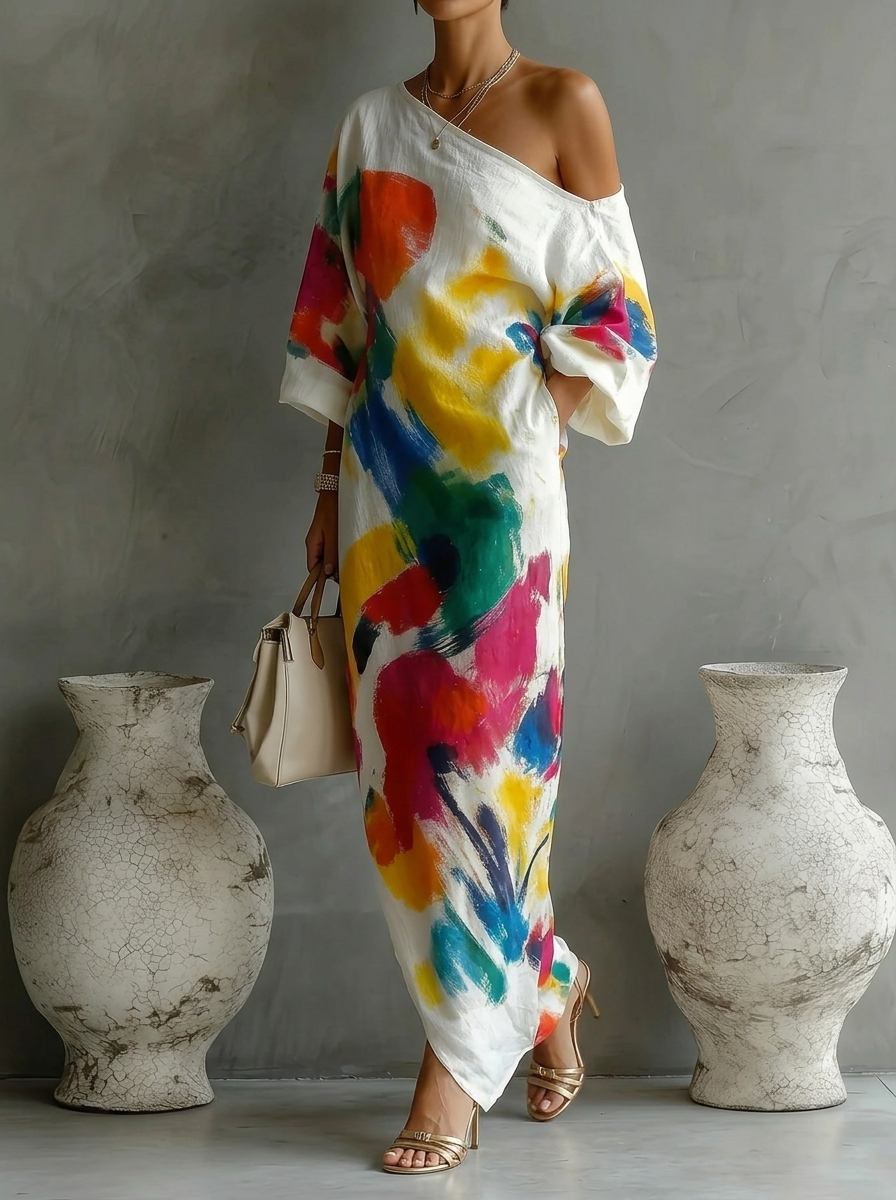 Elegant Abstract Art Print Loose Maxi Dress