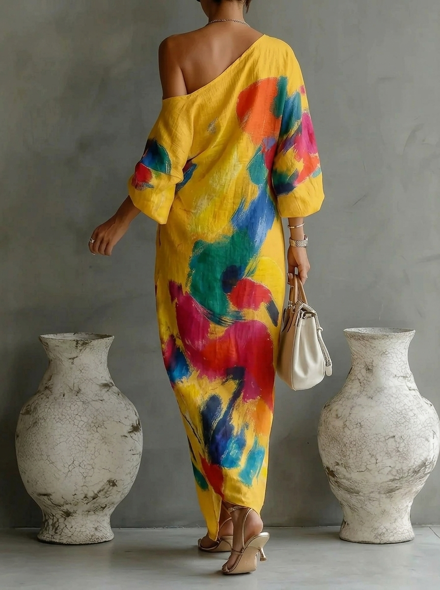 Elegant Abstract Art Print Loose Maxi Dress