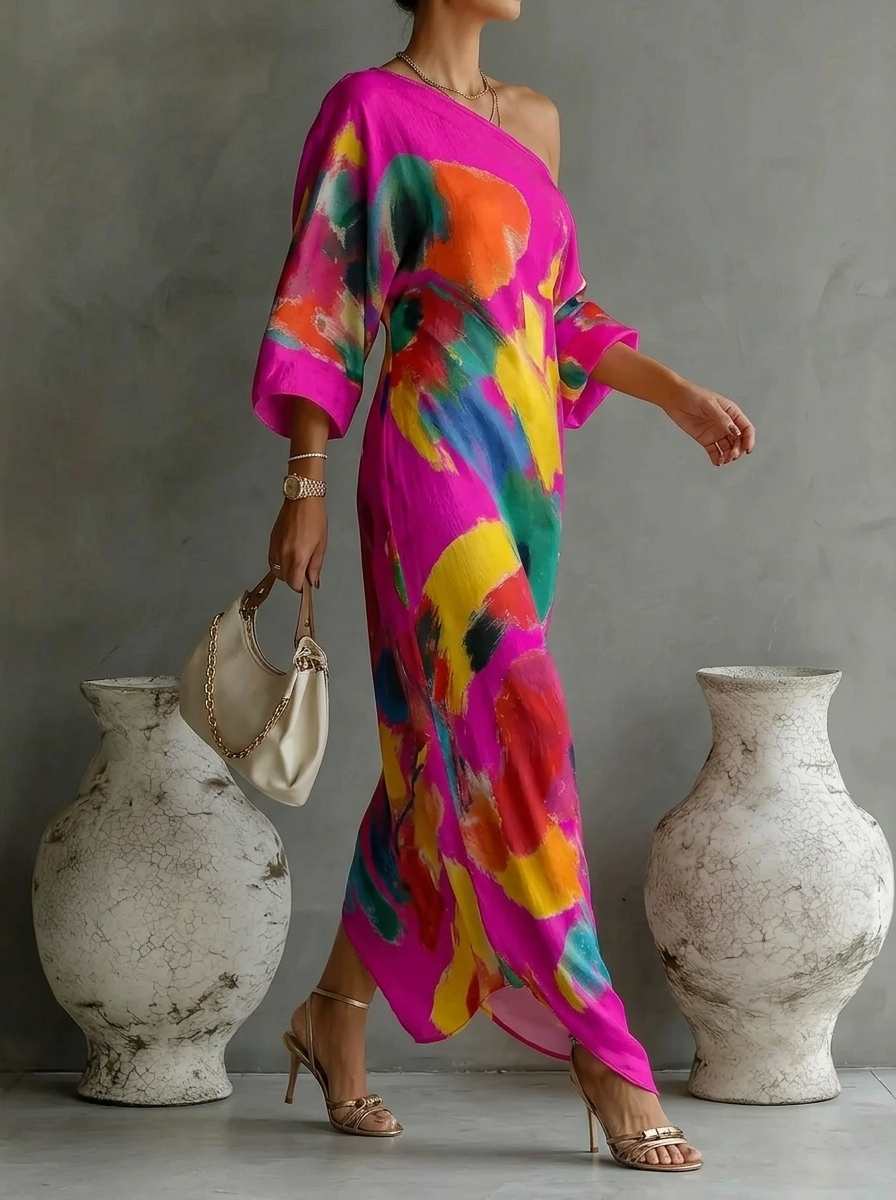 Elegant Abstract Art Print Loose Maxi Dress