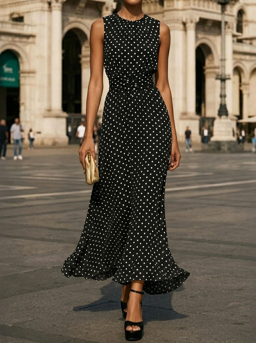 Women's French Style Waist-skimming Polka Dots Sleeveless Dress