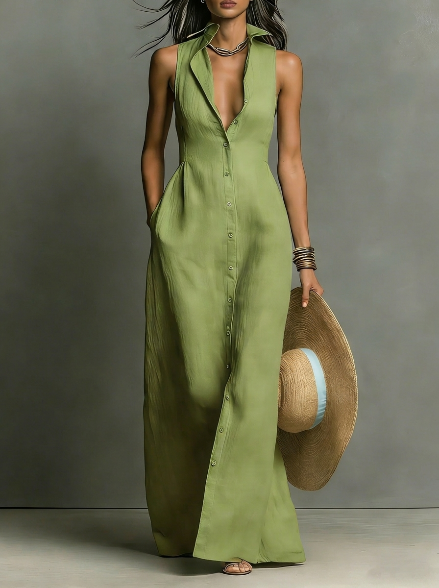 Solid Color Sleeveless Front Button-down Shirt Collar Maxi Dress