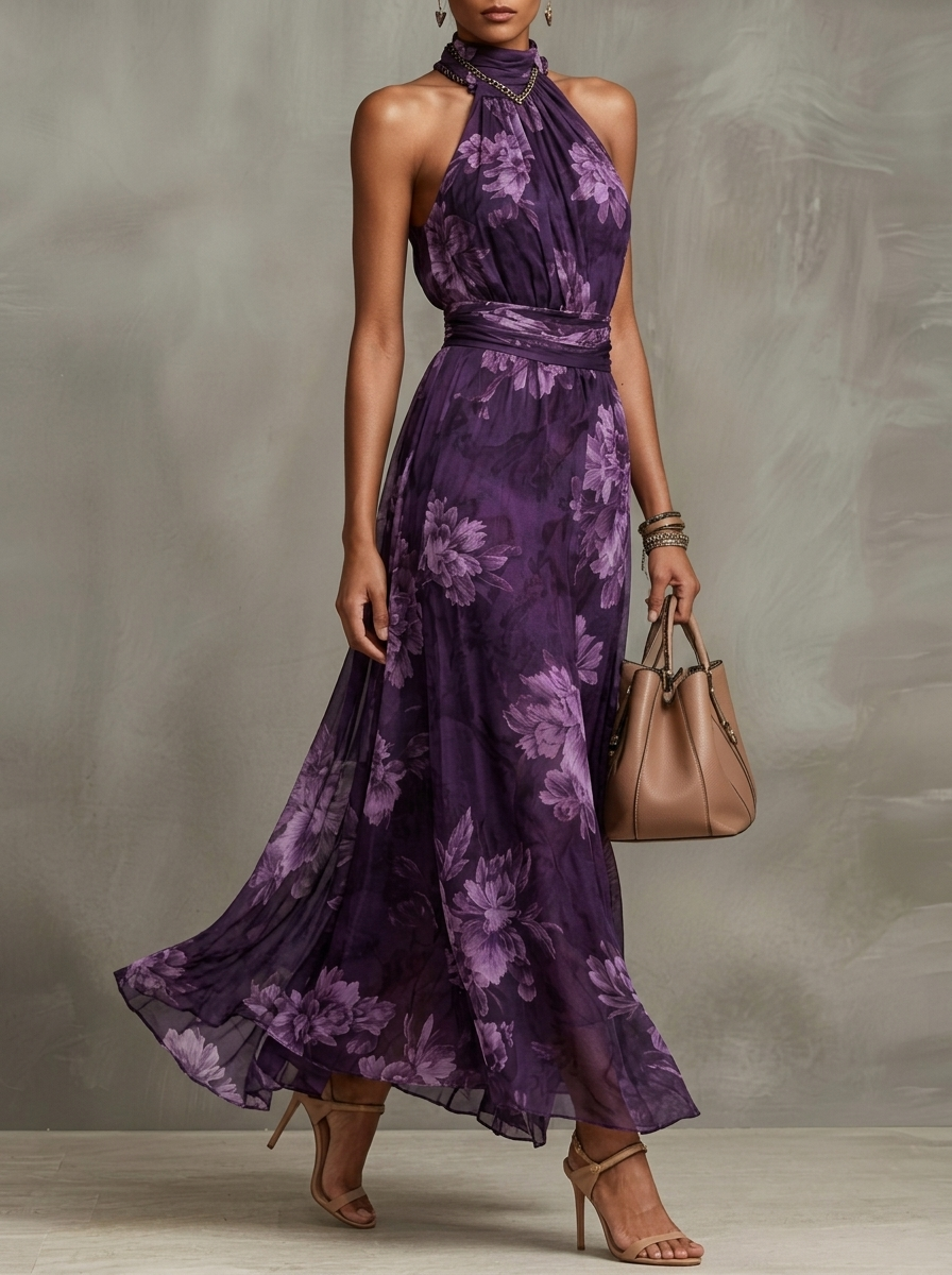 Women's Halter Neck Resort Printed Waist Slimming Dress