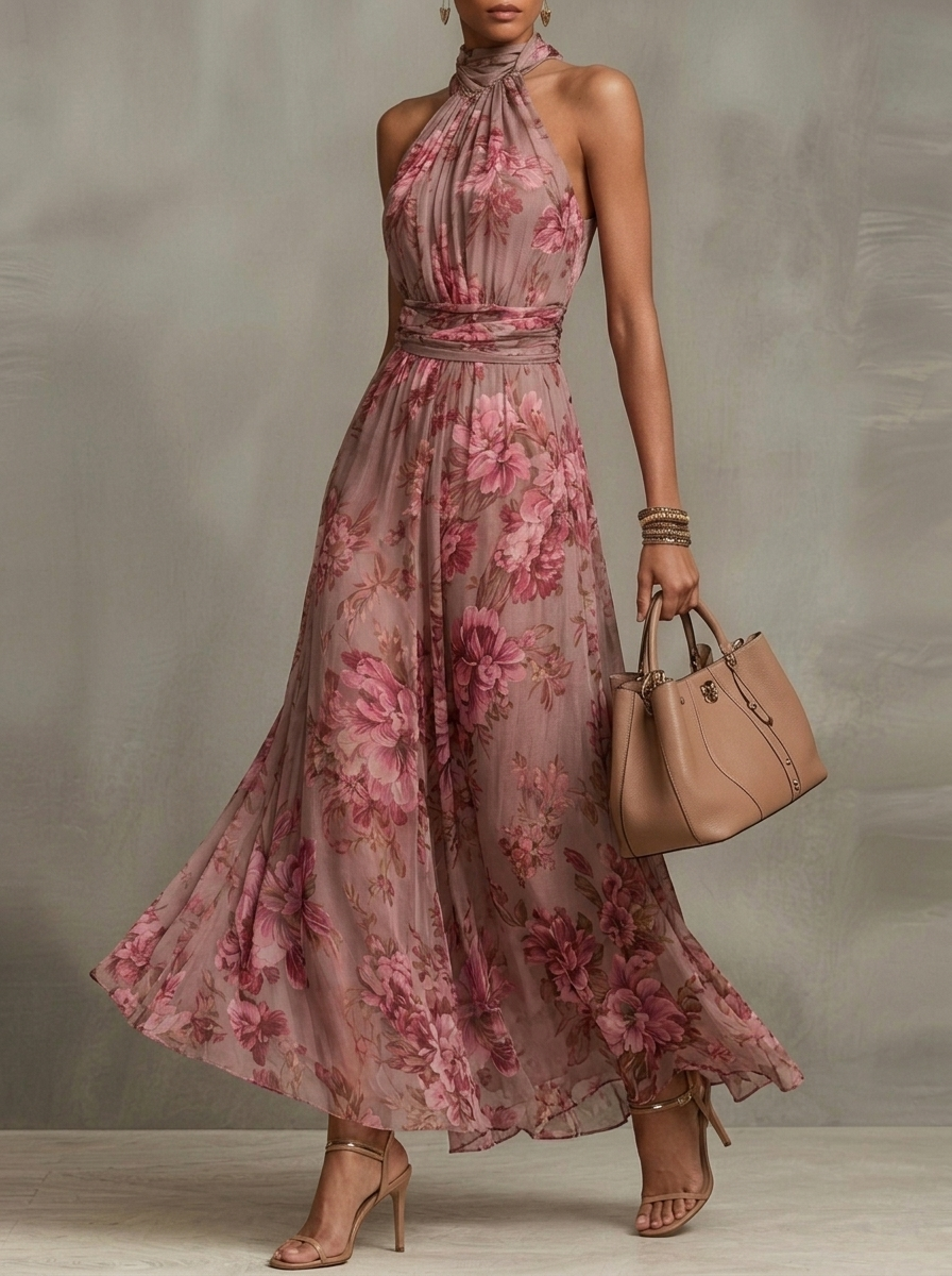 Women's Halter Neck Resort Printed Waist Slimming Dress