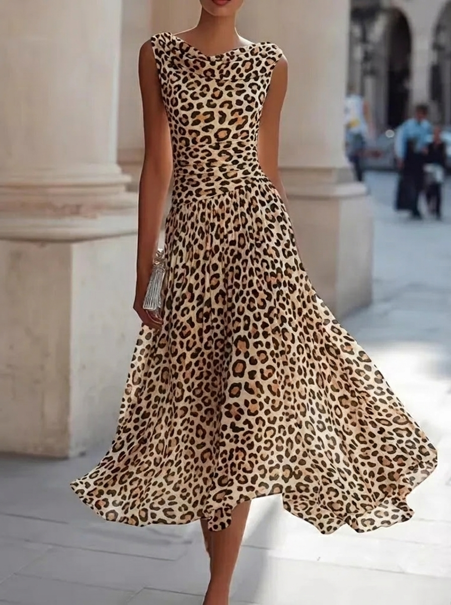 Retro French Sleeveless Pile Collar Waist Leopard Print Dress