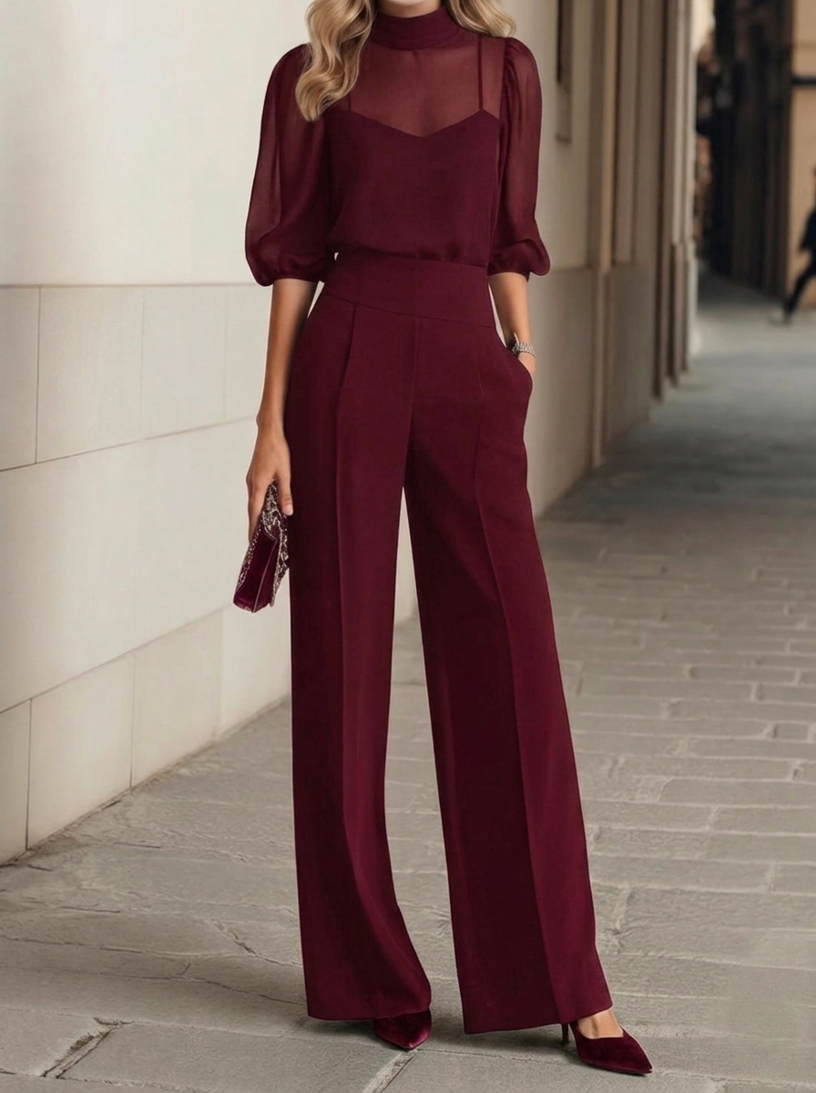 Sheer Mock Neck Top & High Waist Wide Leg Pants Set
