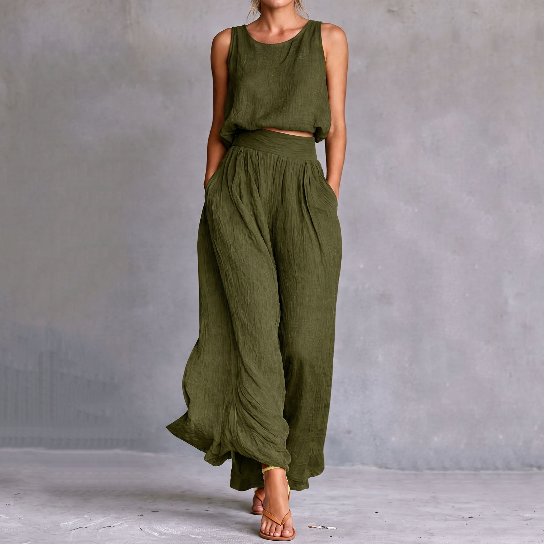 Casual Sleeveless Loose Round Neck Top Wide Leg Pants Two-piece Set