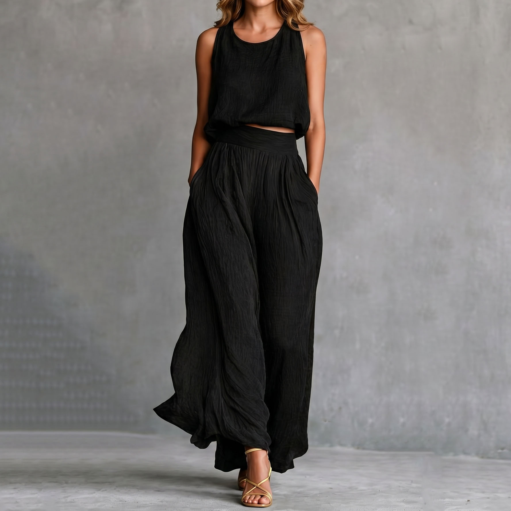 Casual Sleeveless Loose Round Neck Top Wide Leg Pants Two-piece Set