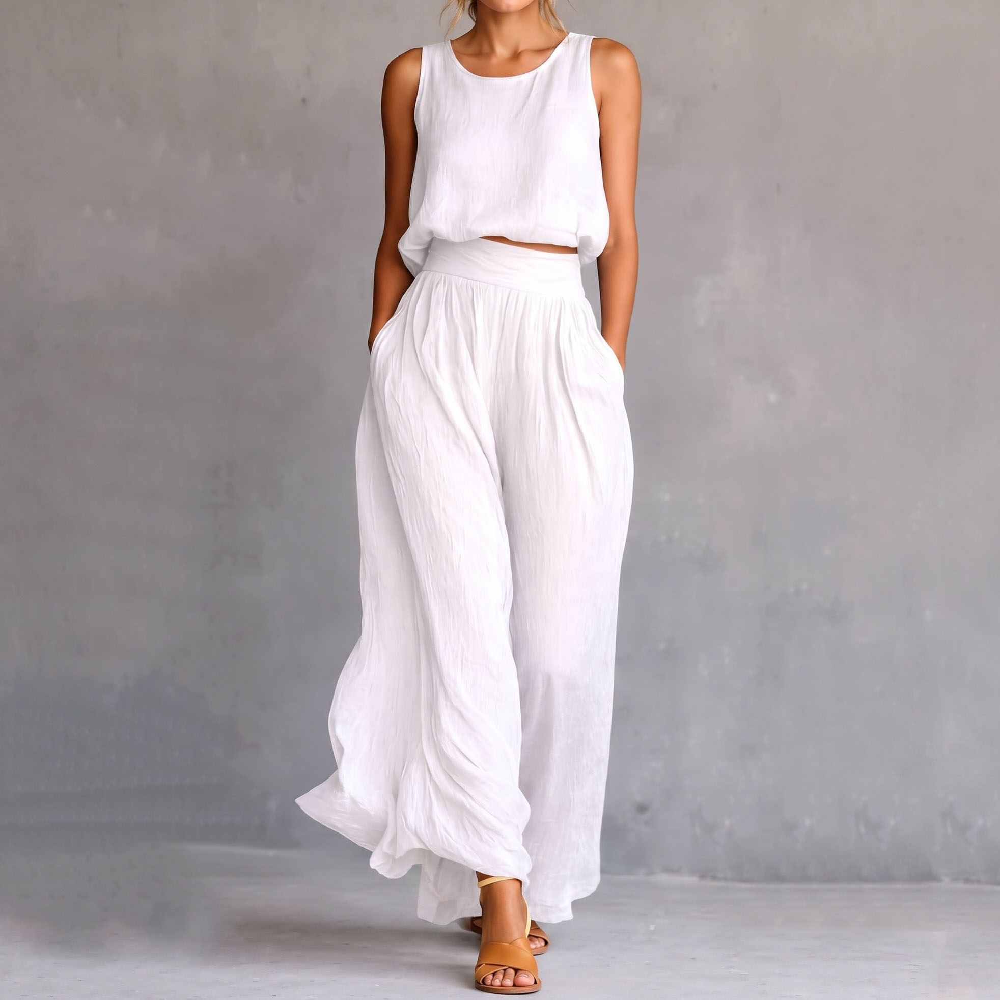 Casual Sleeveless Loose Round Neck Top Wide Leg Pants Two-piece Set