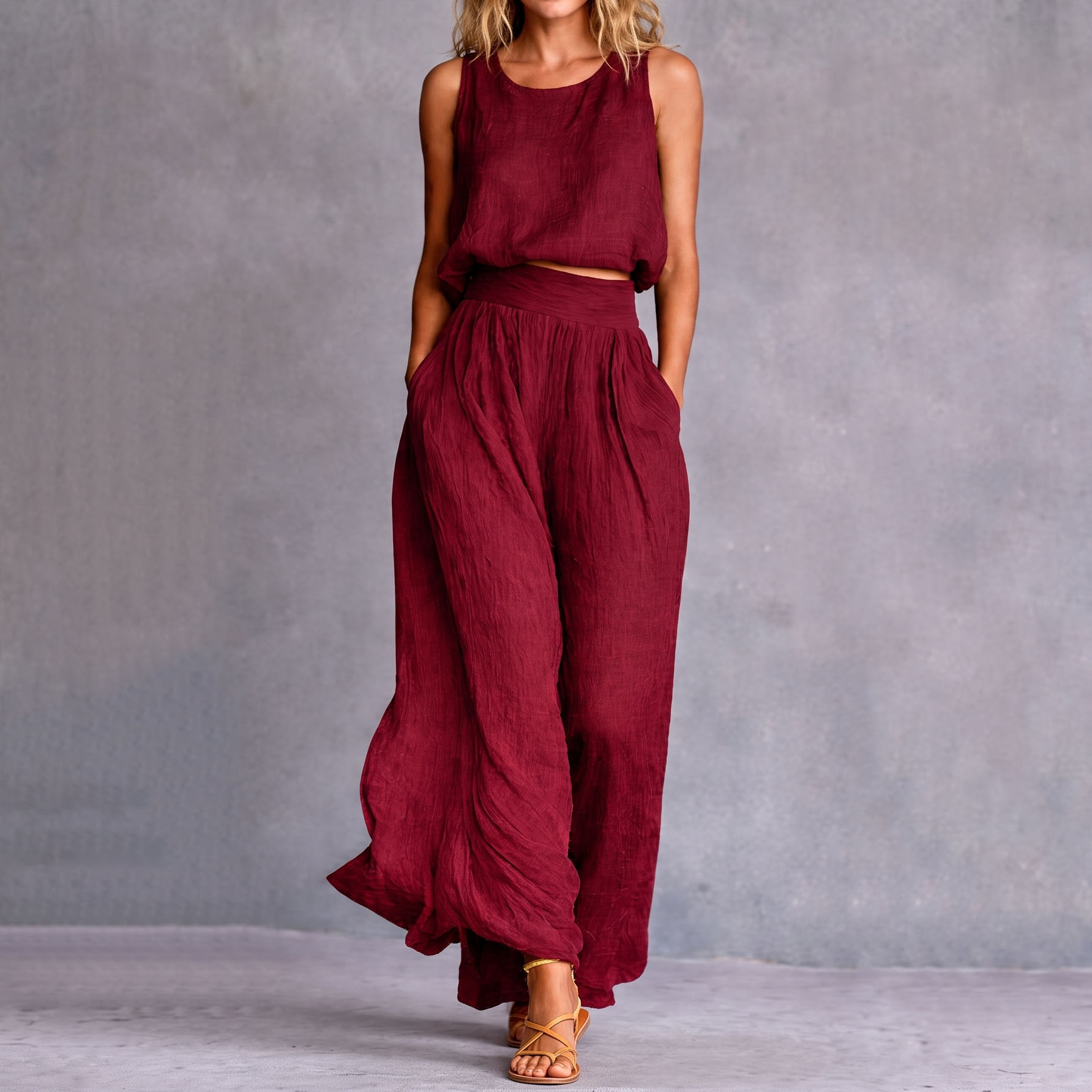 Casual Sleeveless Loose Round Neck Top Wide Leg Pants Two-piece Set