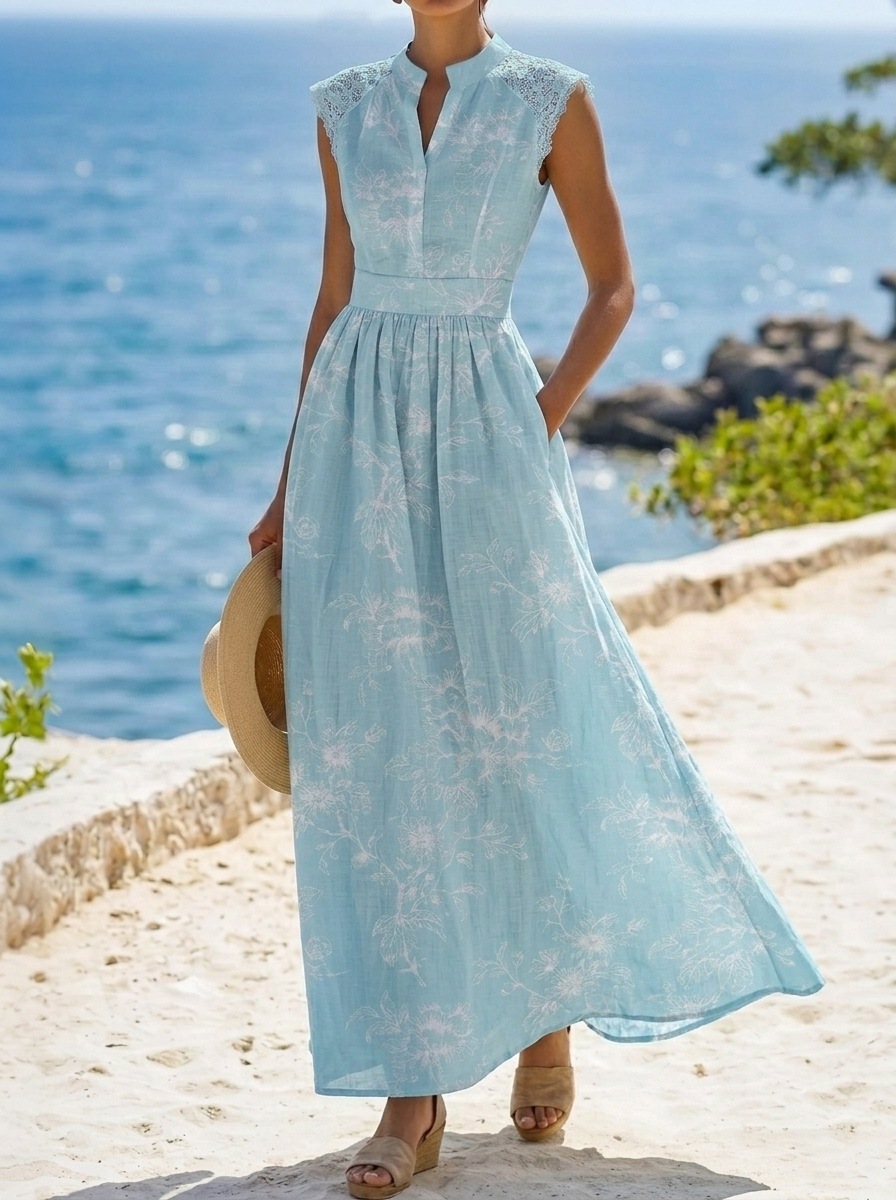 Elegant Short-sleeved Lace Patchwork Printed Dress