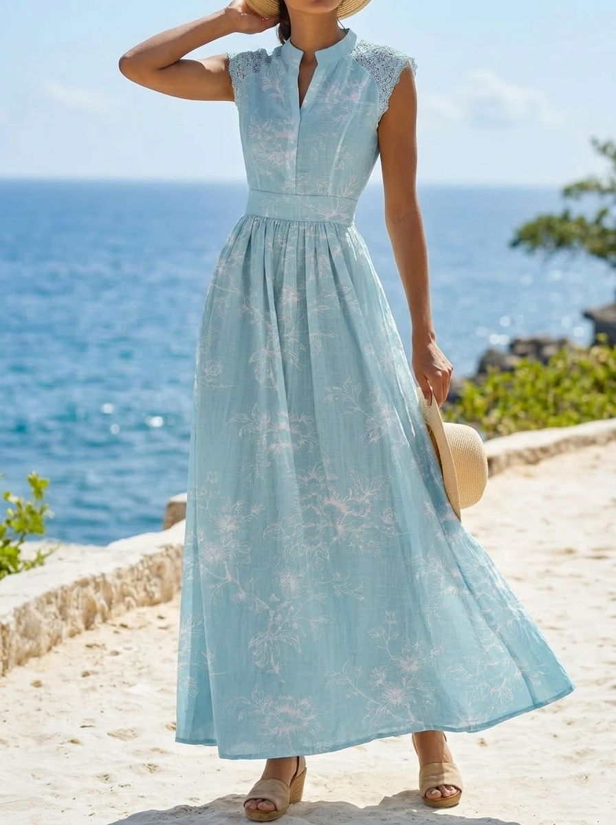 Elegant Short-sleeved Lace Patchwork Printed Dress