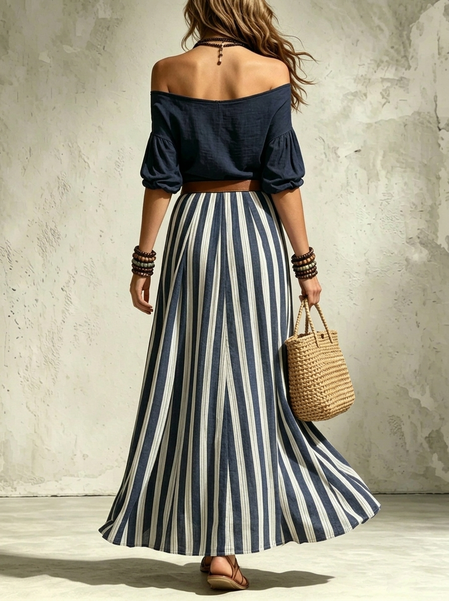 Vacation Off-the-shoulder Top And Slit Skirt With Belt Two-piece Set