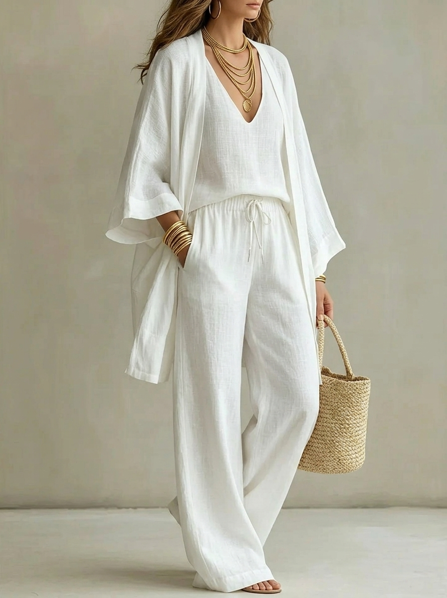 Casual V-neck Vest Wide-leg Pants Cardigan Three-piece Set