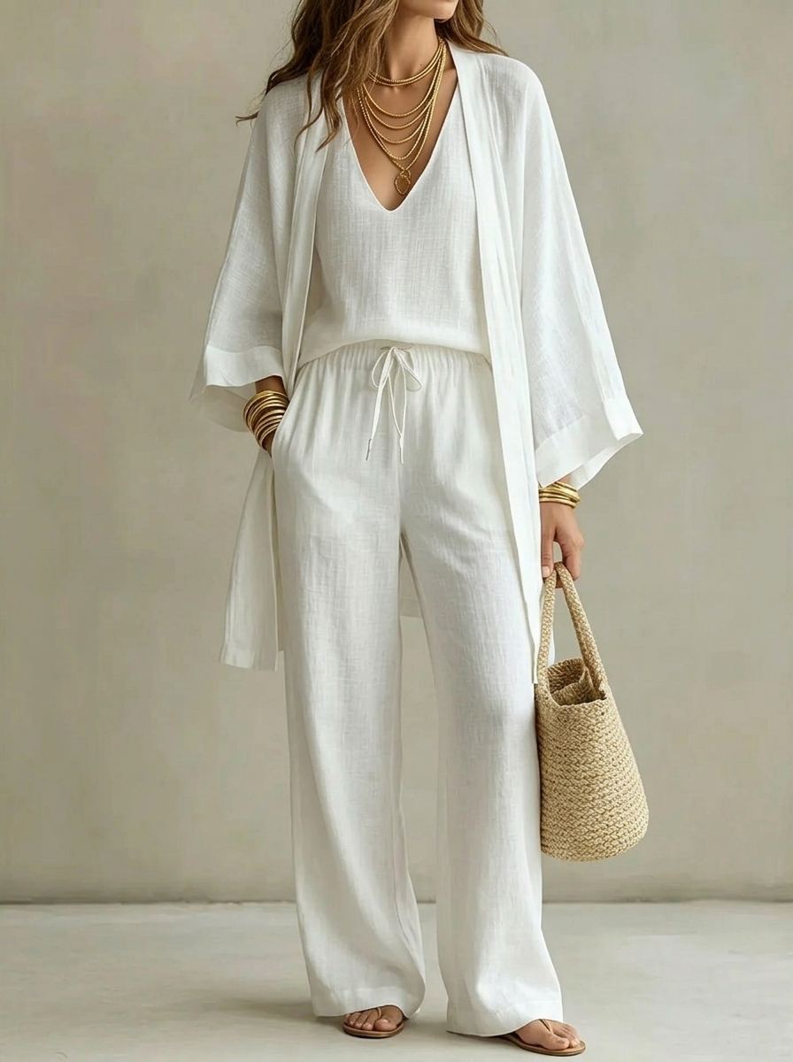 Casual V-neck Vest Wide-leg Pants Cardigan Three-piece Set