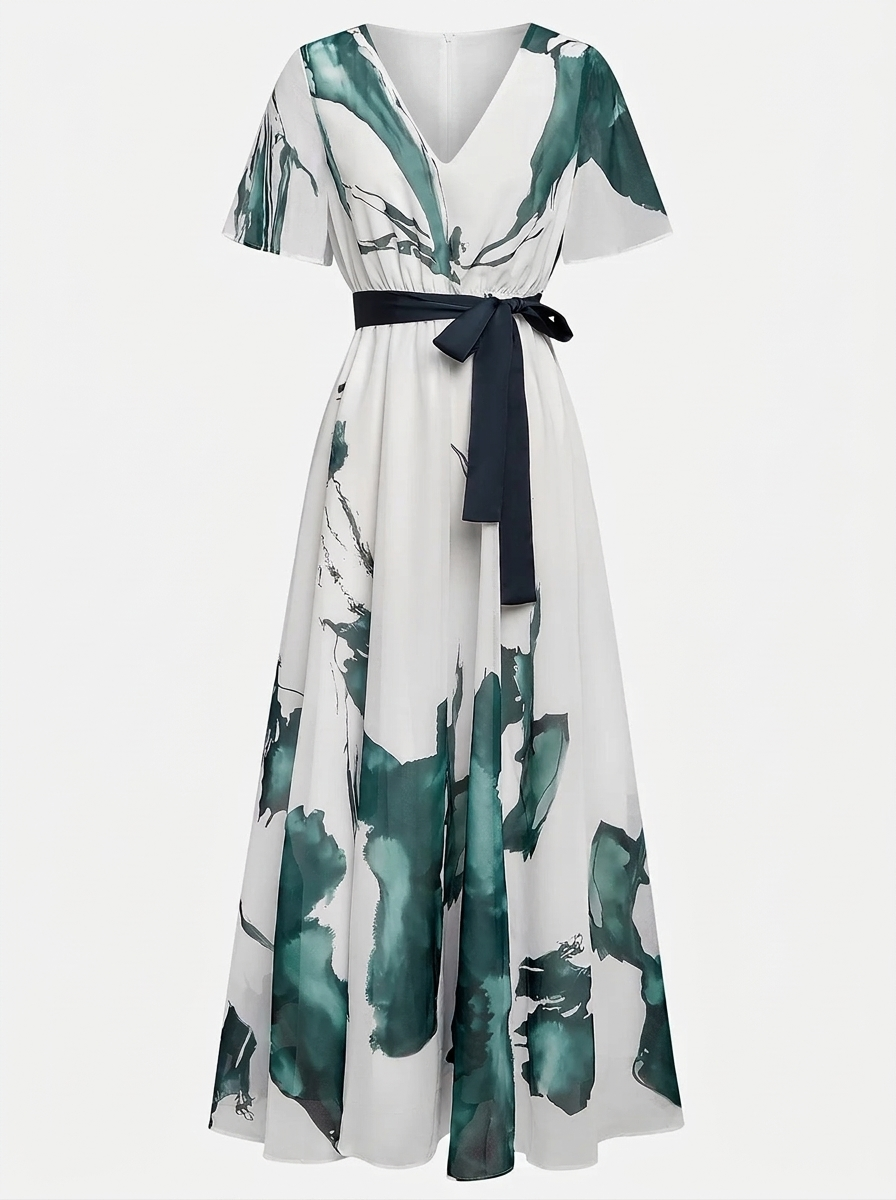 Elegant  V-neck Printed Maxi Dress