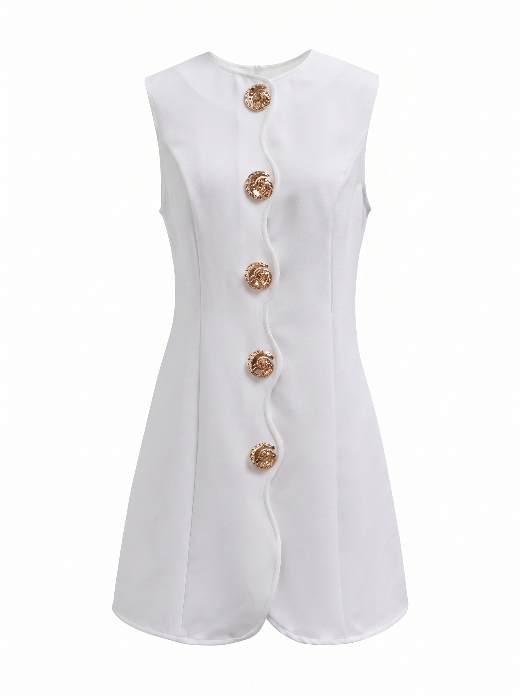 Elegant Sleeveless Round Neck Button Solid Color Mini Dress