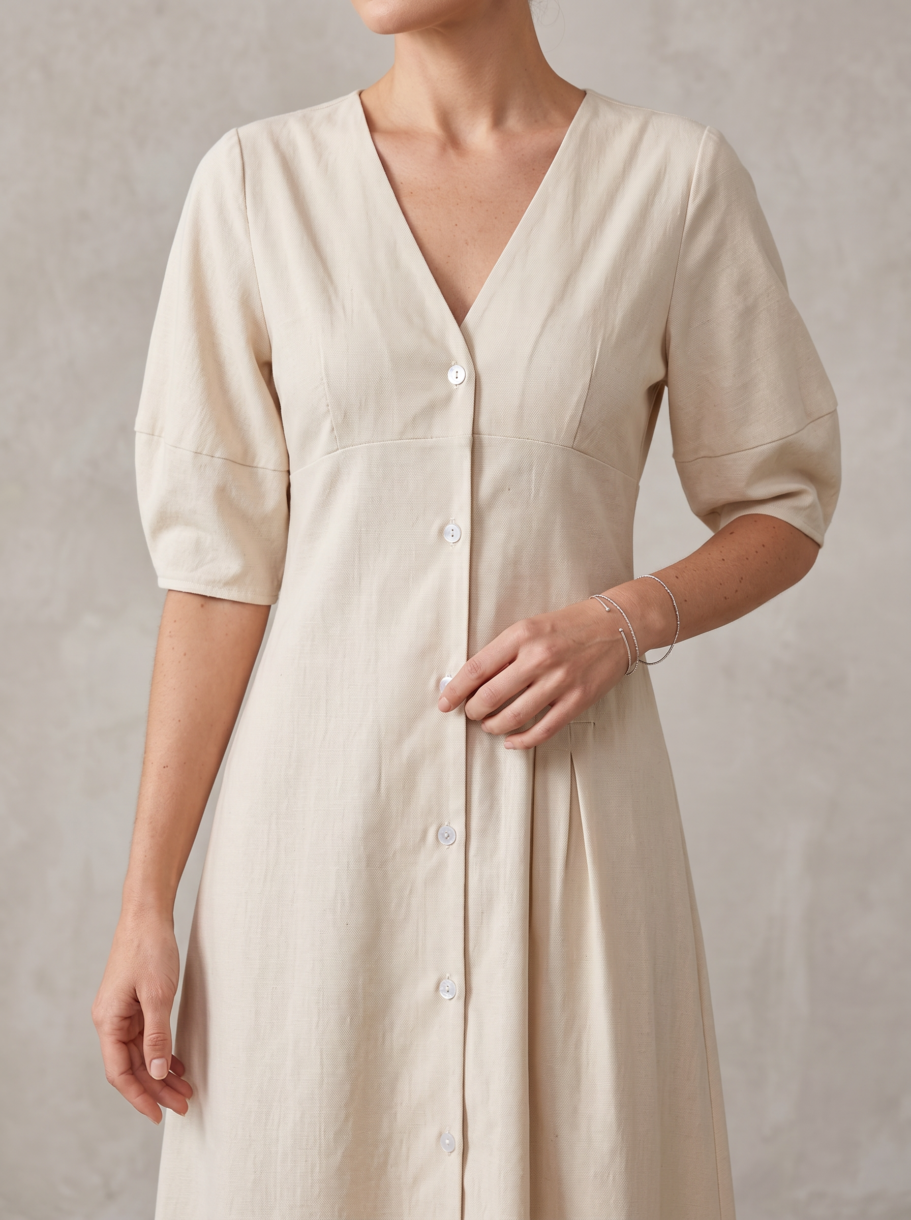 Vacation Cotton Linen Puff Sleeve V-neck Maxi Dress