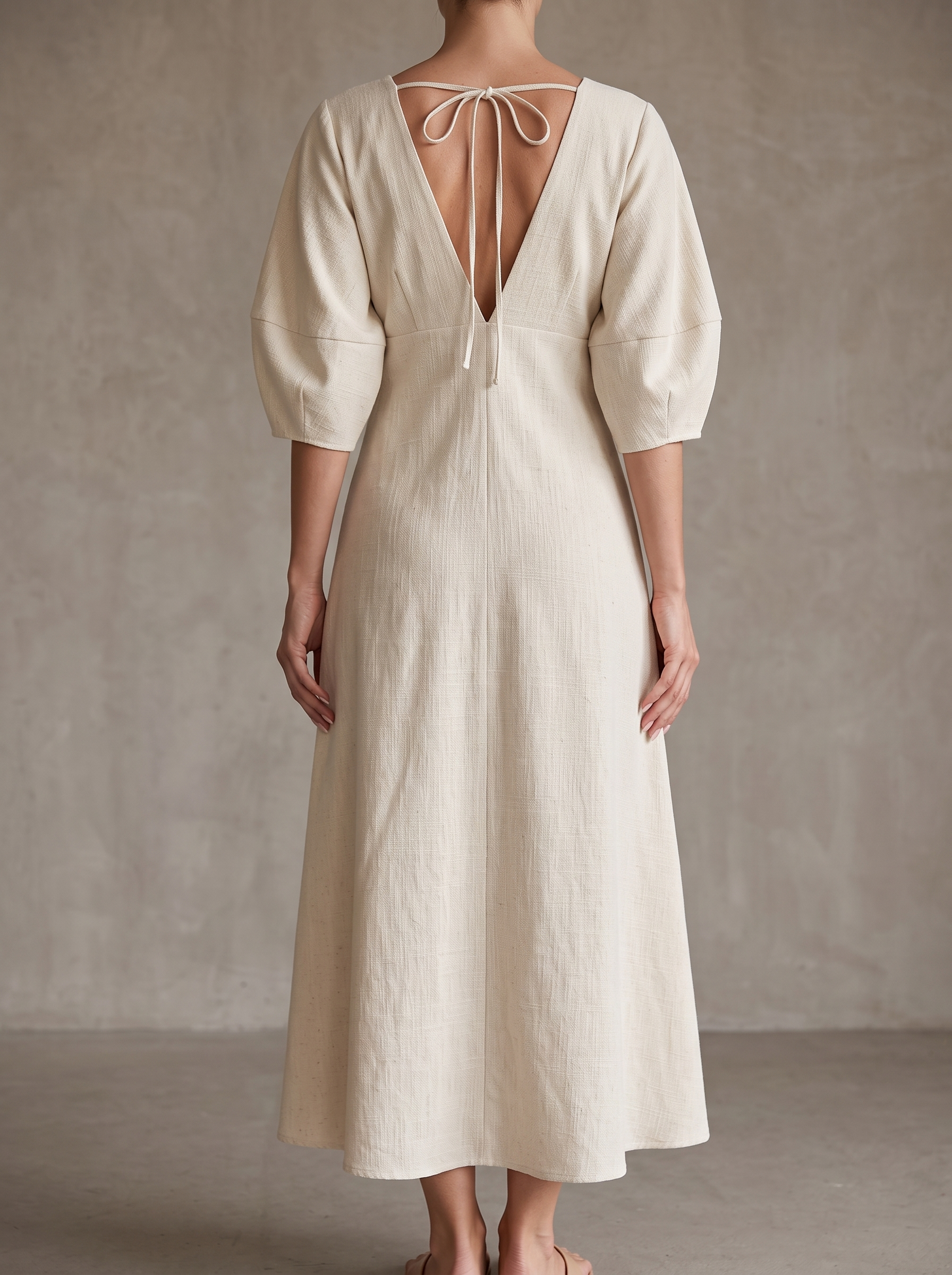 Vacation Cotton Linen Puff Sleeve V-neck Maxi Dress