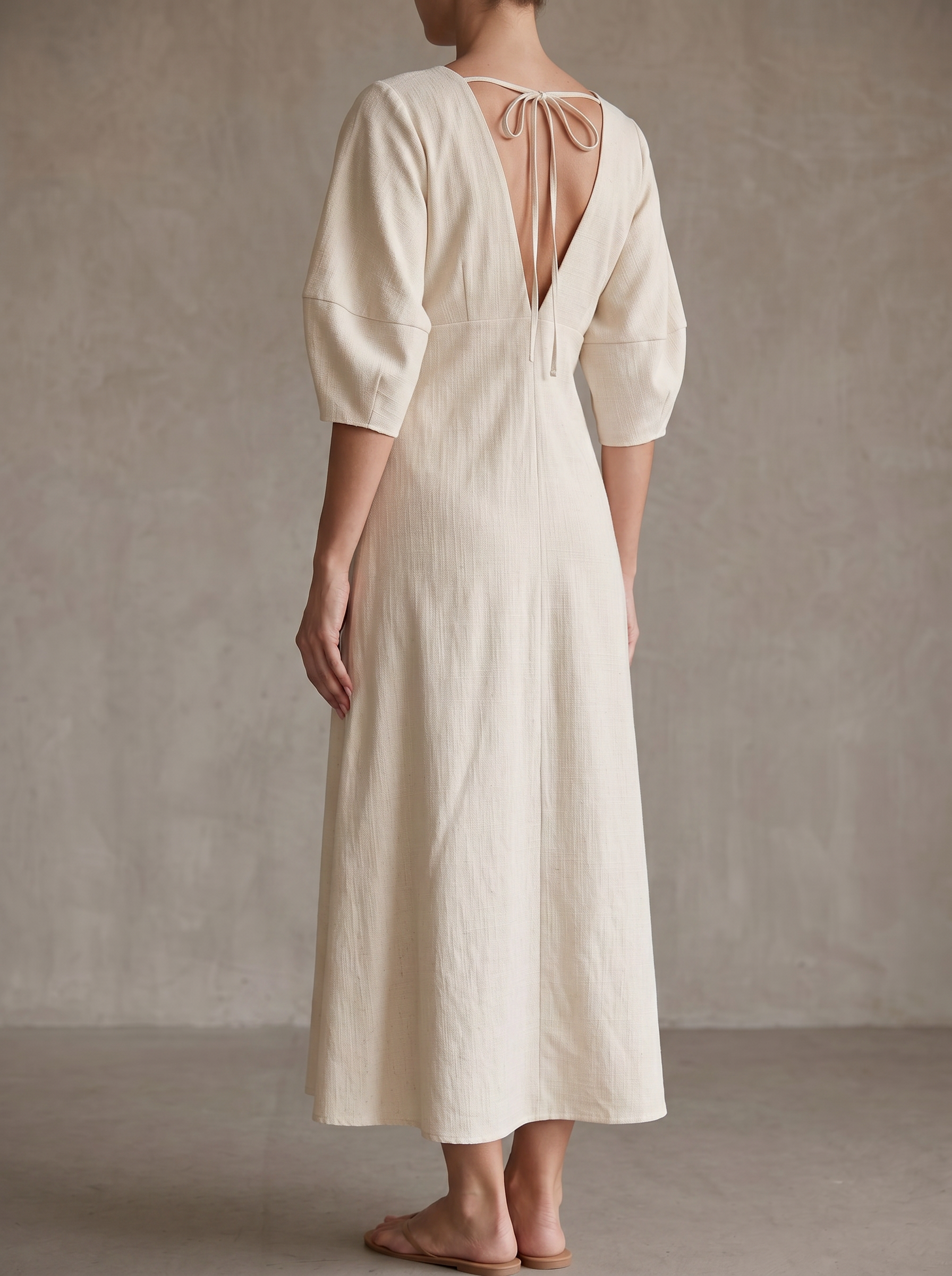 Vacation Cotton Linen Puff Sleeve V-neck Maxi Dress