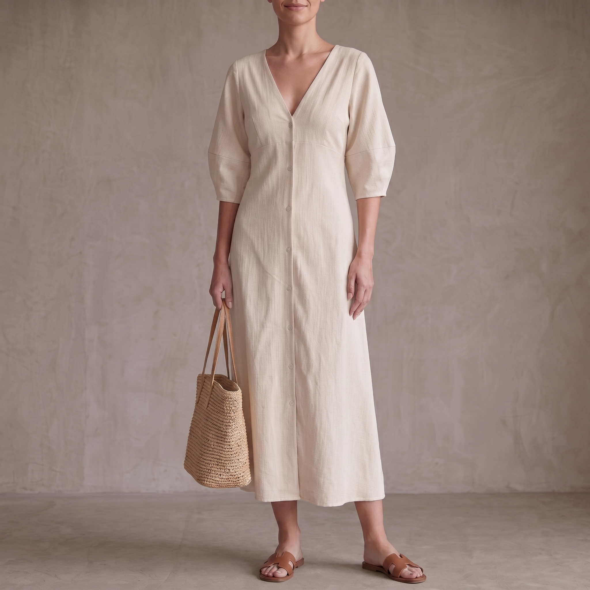 Vacation Cotton Linen Puff Sleeve V-neck Maxi Dress