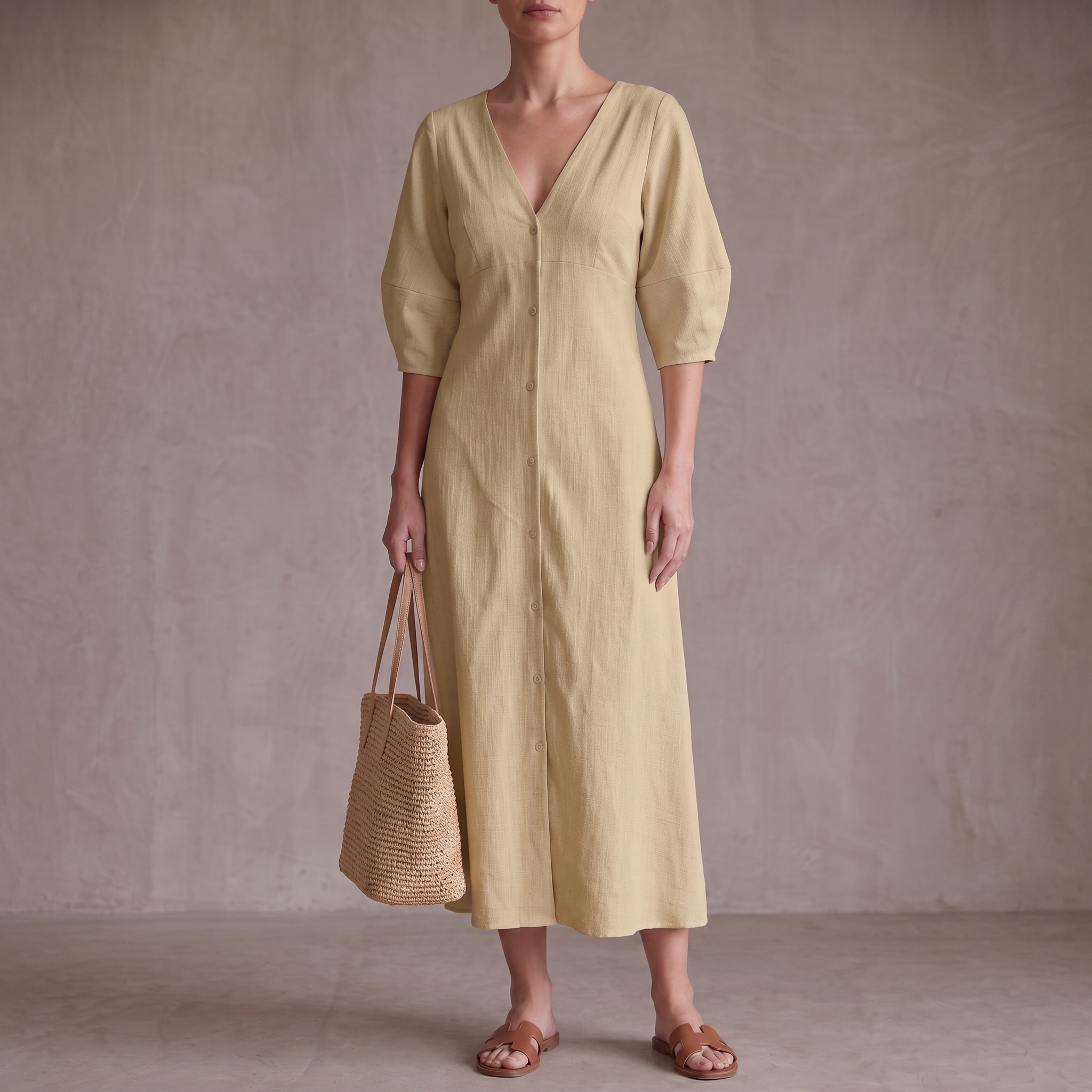 Vacation Cotton Linen Puff Sleeve V-neck Maxi Dress