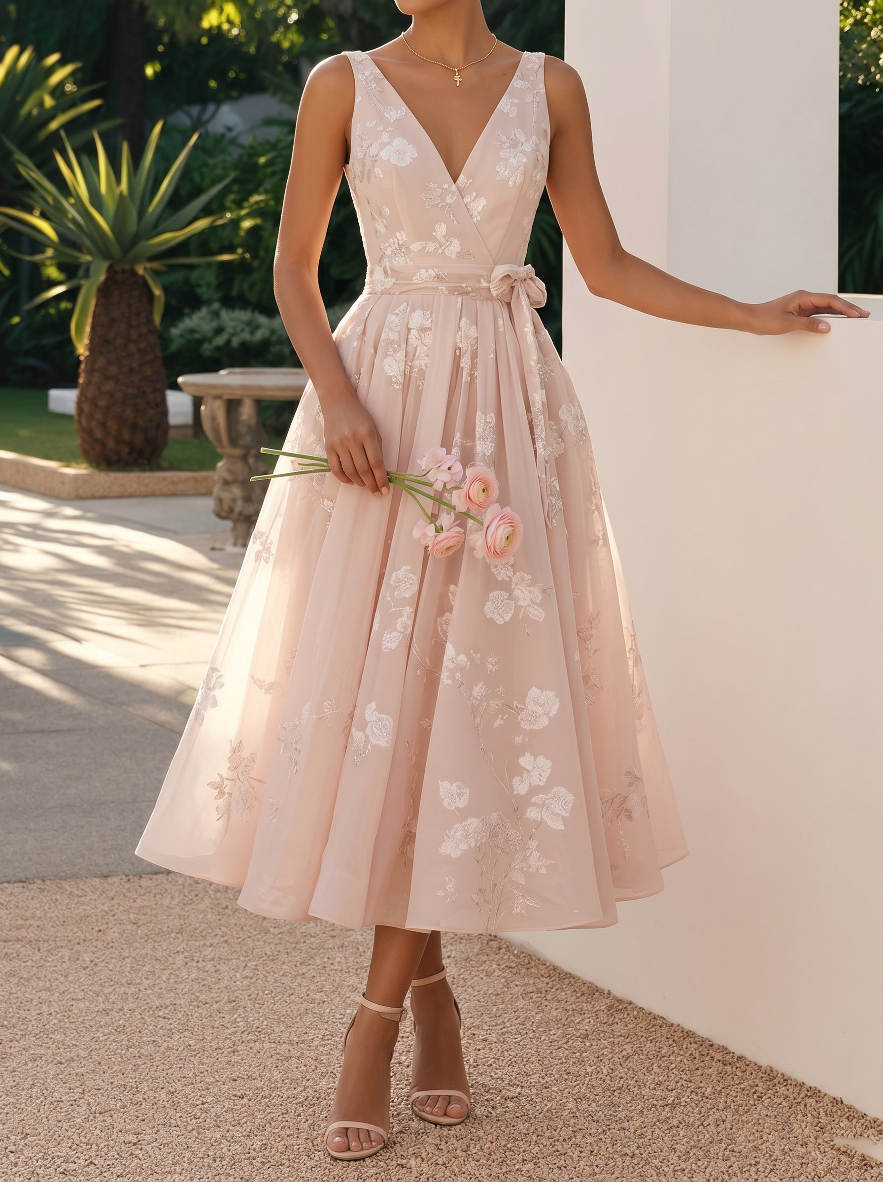 Women's Bow Belt Digital Print Sleeveless V-neck Midi Dress