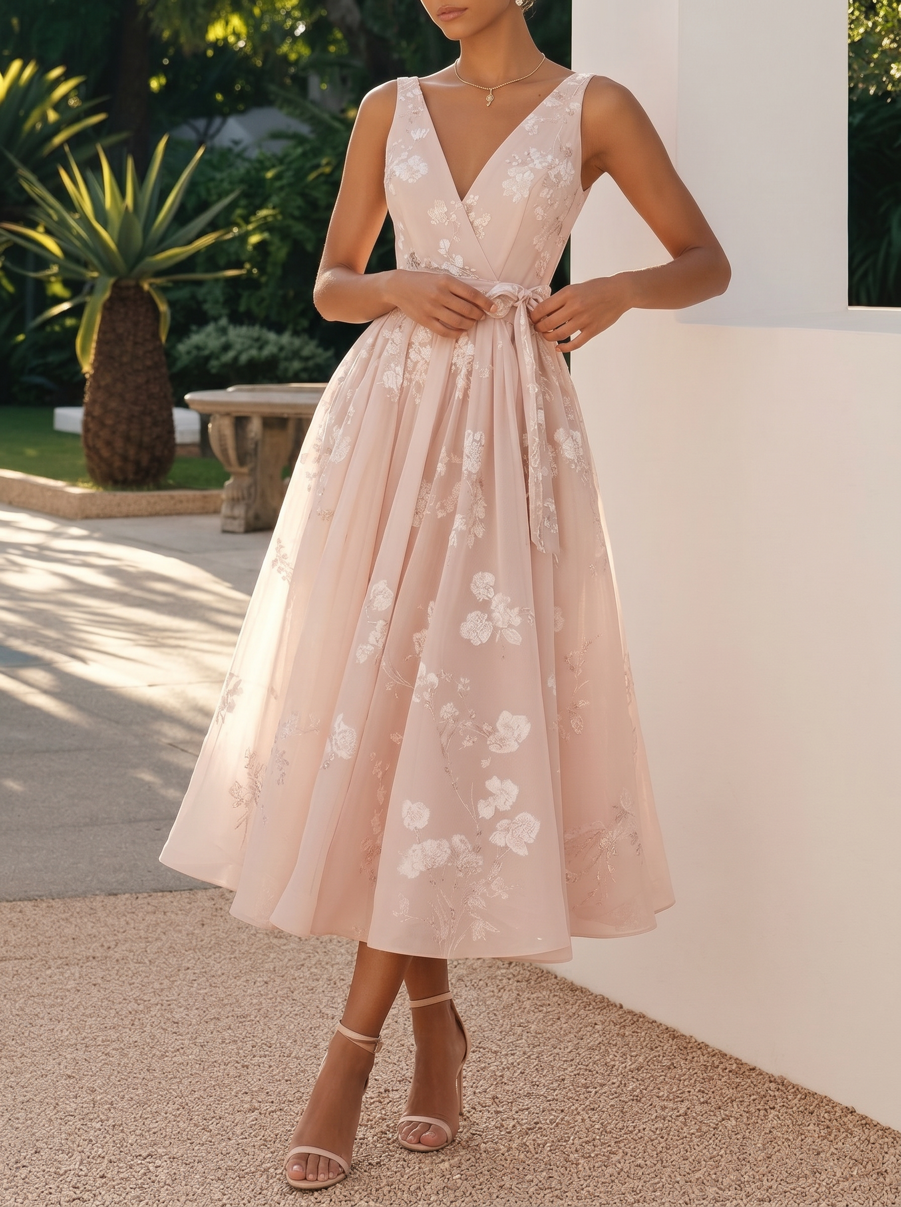 Women's Bow Belt Digital Print Sleeveless V-neck Midi Dress