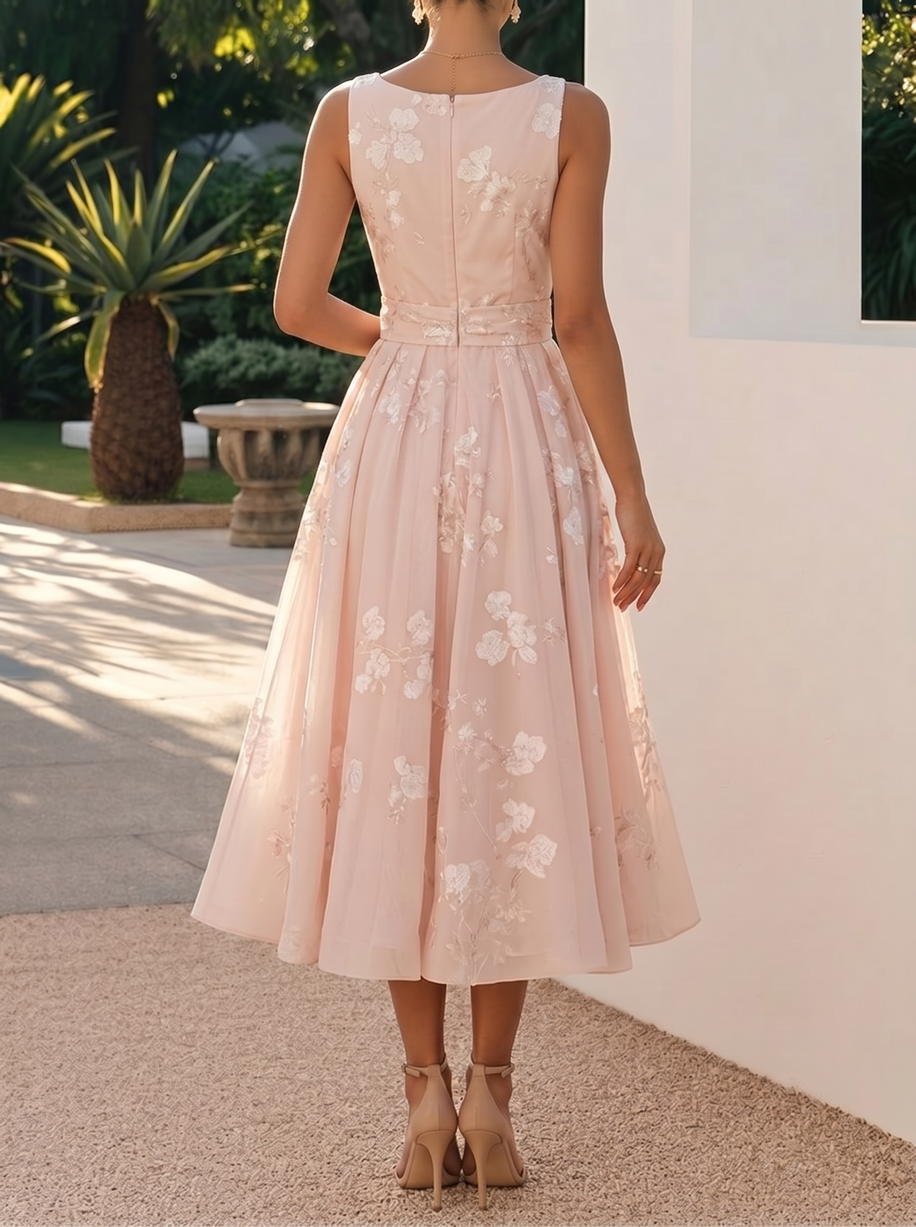 Women's Bow Belt Digital Print Sleeveless V-neck Midi Dress
