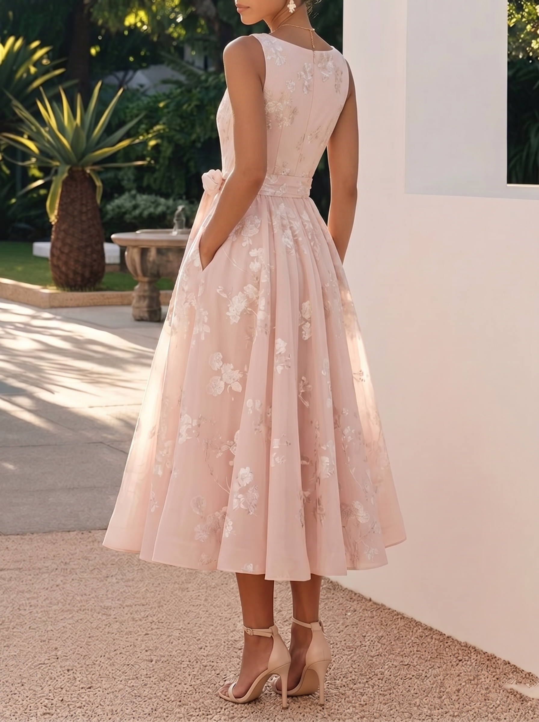 Women's Bow Belt Digital Print Sleeveless V-neck Midi Dress