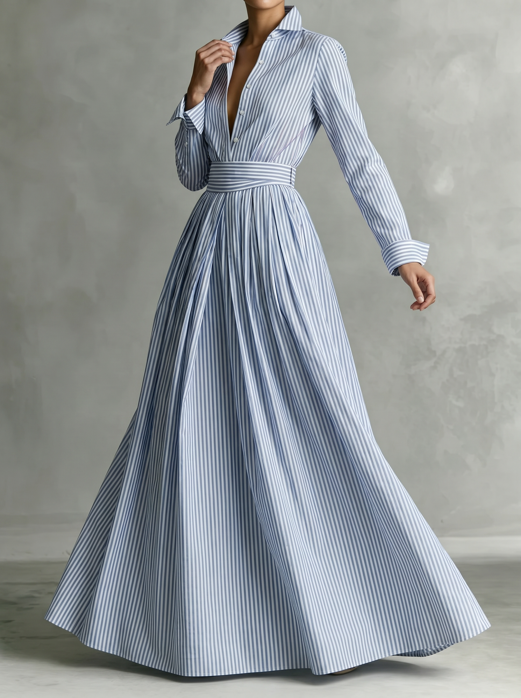 Elegant Striped Front-opening Long Shirt  Maxi Dress