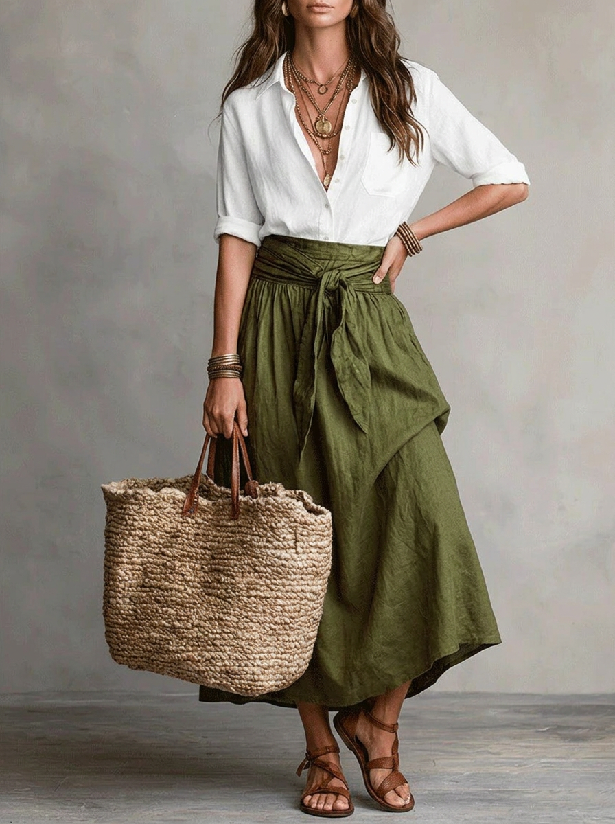Retro  Two-piece Set Of Skirt And Shirt Maxi Dress