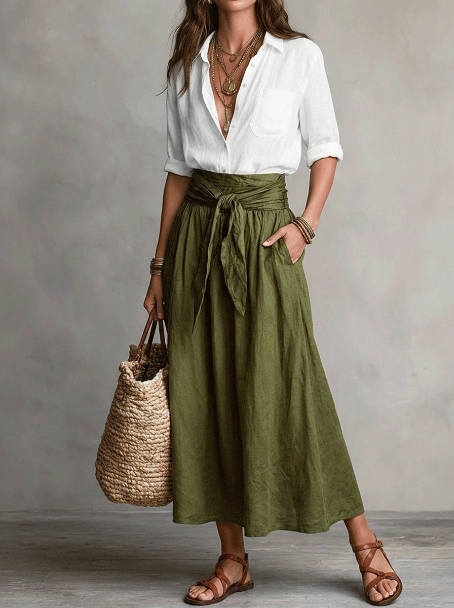 Retro  Two-piece Set Of Skirt And Shirt Maxi Dress
