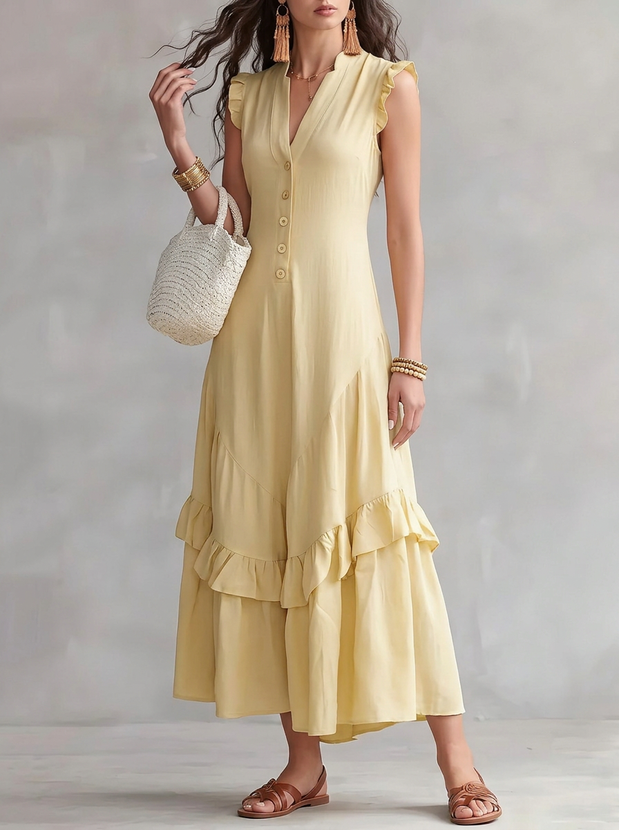 Elegant Minimalist Ruffled Sleeveless Linen Dress