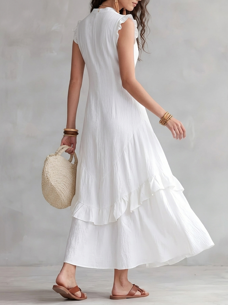 Elegant Minimalist Ruffled Sleeveless Linen Dress