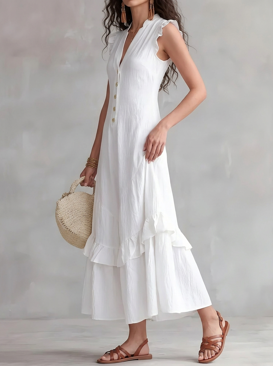 Elegant Minimalist Ruffled Sleeveless Linen Dress