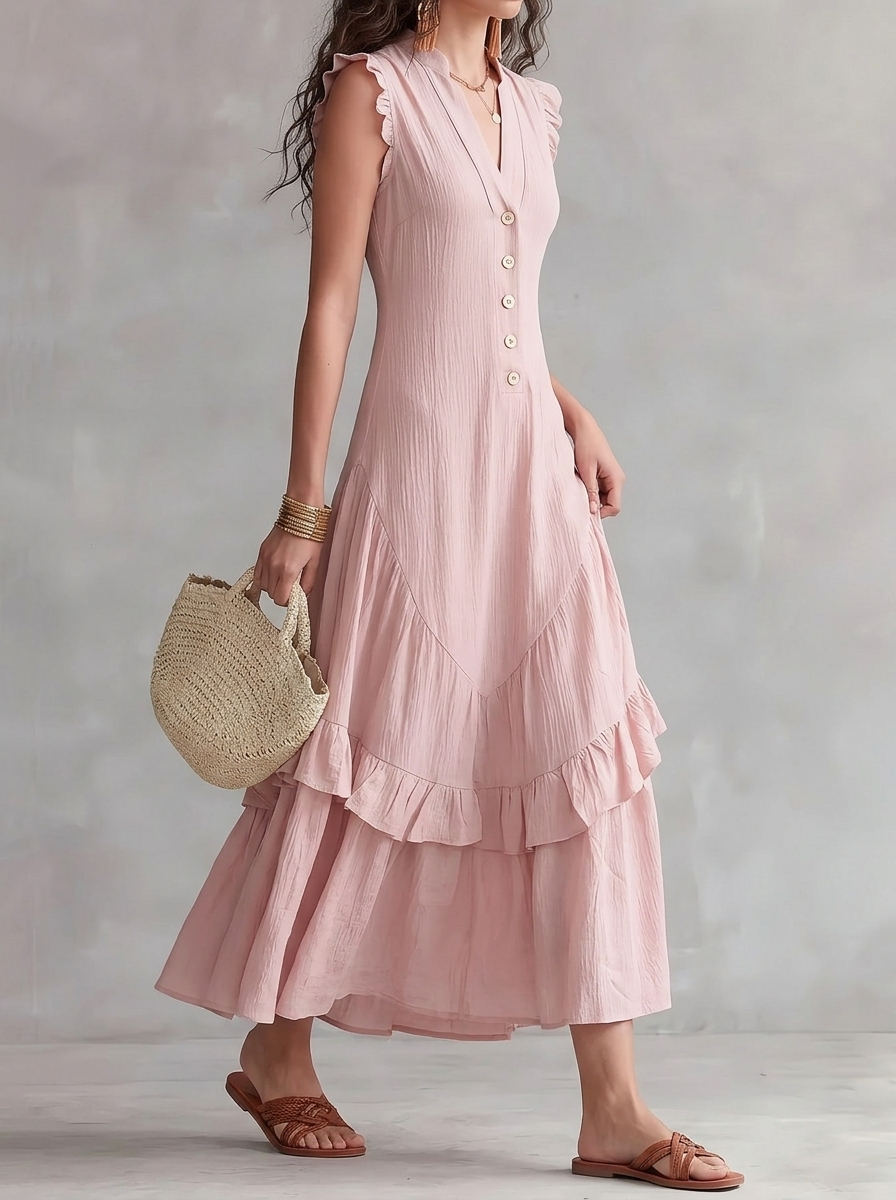 Elegant Minimalist Ruffled Sleeveless Linen Dress