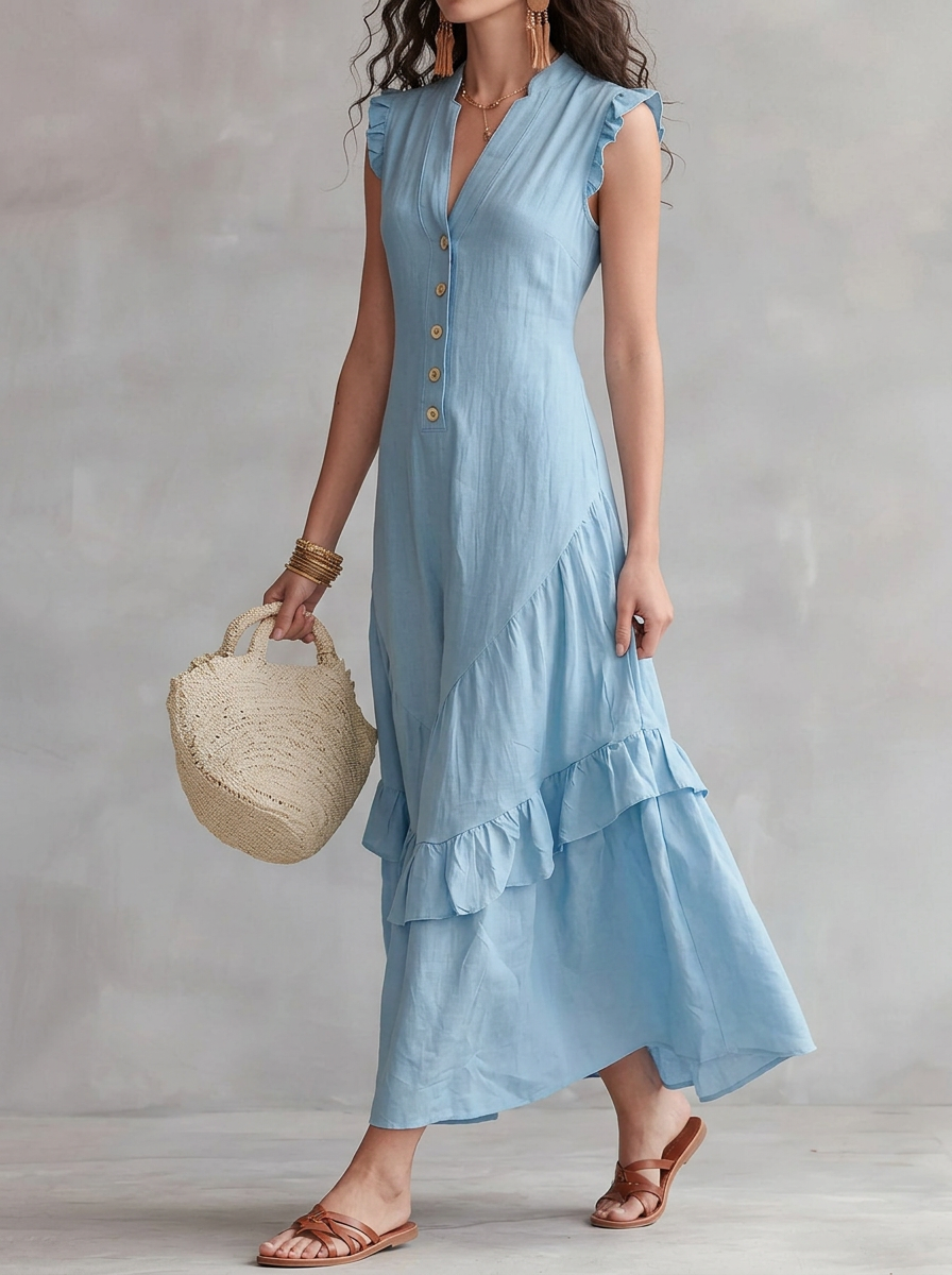 Elegant Minimalist Ruffled Sleeveless Linen Dress